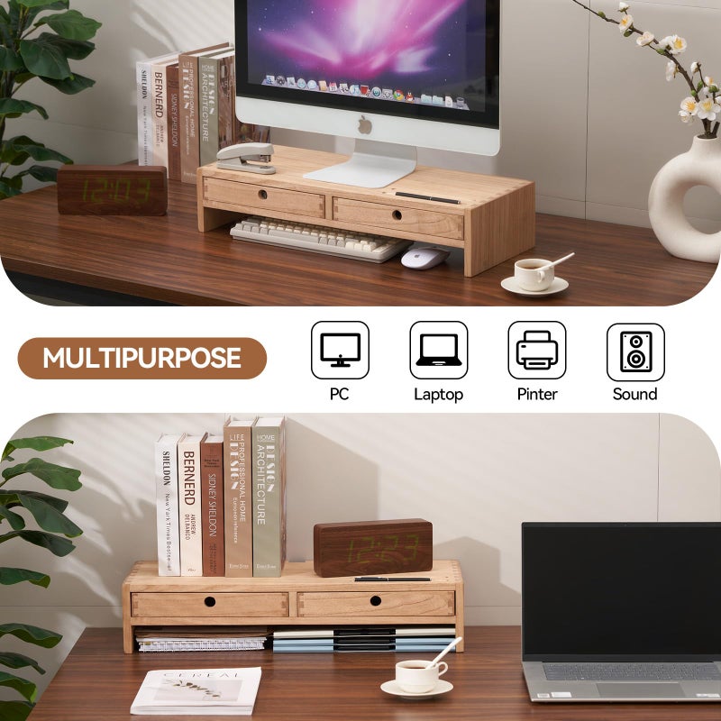KIRIGEN Wood Monitor Stand with 2 Drawers - Computer Arm Riser Desk Storage Organizer,Speaker TV Laptop Printer Stand with Pen Slot and Cable Management,2-Tier Desktop Shelf NA-2PMJ - Image 3